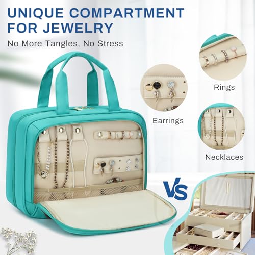 Large Travel Toiletry Bag for Women, Waterproof Hanging Toiletry Bags with Jewelry Organizer, Cosmetic Makeup Bag Organizer, Full-size Container, Travel Essentials Accessories, Shampoo, Green