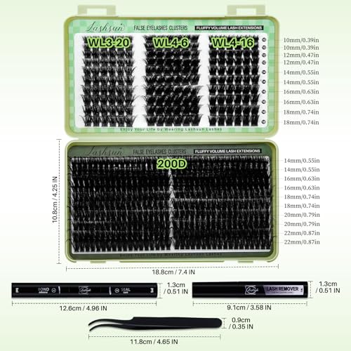 Lash Clusters Kit Wispy Eyelash Clusters Lashes DIY Lash Extension Kit Cluster Eyelash Extensions Kit Volume Cluster Lashes with Lash Bond and Seal,Lash Remover,Lash Tweezers(WL+200D Lash Kit)