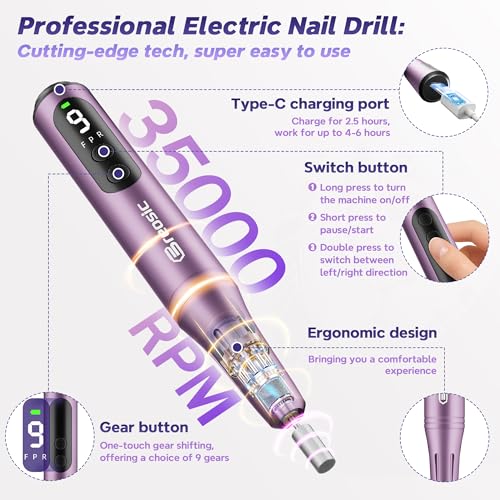 Electric Nail Drill Professional 35000RPM,Rechargeable Electric Nail File Cordless with 9-Speed & LED Display,12-in-1 Portable Manicure Pedicure kit for Acrylic Gel Dip Powder Nails (Purple)