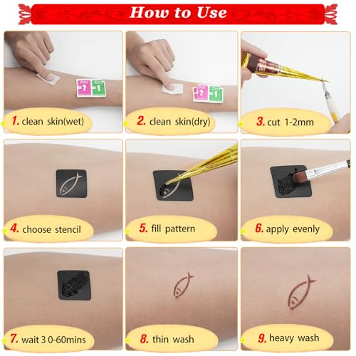 12 Sheets Temporary Tattoo Stencils Kit-Large 78 Pcs Tattoo Patterns-6 Pcs (Brown/Black/Maroon) Ink with Paint Brush for DIY Body Art-Tattoos for Women Men Kids