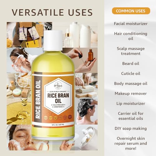 ORGANIC RICE BRAN OIL (16 oz) Premium Cold Pressed Unrefined | 100% Pure Rice Bran Oil for Skin, Face, Hair, Soap Making | Carrier for Essential Oils | Available in Bulk | 16 FL OZ