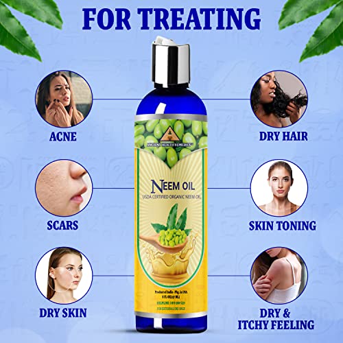 Ancient Health Remedies Cold-Pressed Unrefined USDA Certified Organic Neem Oil Pure & All Natural-Excellent Bulk Carrier Oil For Anti-aging, Healthy Hair & Skin (INDIA) (8 oz)