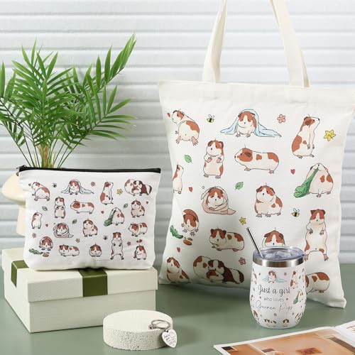 Geiserailie 5 Pcs Christmas Guinea Pig Lover Gifts for Women Include Just a Girl Who Loves Guinea Pigs Tote Bag, Makeup Bag, Keychain, Animal Tumbler, Socks for Women Animal Lovers Xmas Birthday Gift