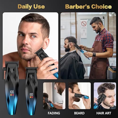 2-in-1 Professional Hair Clippers Set,Cordless Hair Clippers and T-Blade Trimmer Kit for Men,LCD Display,USB Rechargeable,Adjustable Guards,Waterproof,Beard & Body Grooming Kit (Blue)
