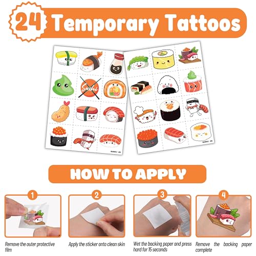 48PCS Sushi Party Set - 24PCS Temporary Pre - cut Tattoos & 24PCS Slap Bracelets - Fun Food-Themed Birthday Supplies, Baby Shower Gifts, Classroom Rewards & Party Decor for Kids (Boys & Girls)