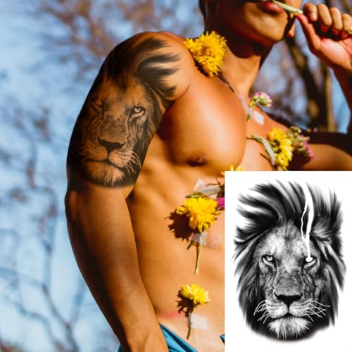 2 Sheets Realistic Animal Large Temporary Tattoos Stickers Sketch Lifelike Lion Head Designs For Men Waterproof Arm Leg Fake Body Art, Gym & Parties Bold Masculine Decals