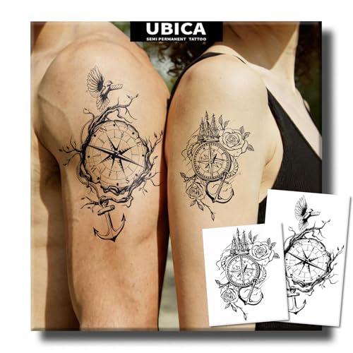 Semi Permanent Tattoos, 2 Sheets Large Realistic Compass Bird Anchor Rose Temporary Tattoos for Women Men Couple, 2 Weeks Wrist Arm Calf Fake Tattoos, Waterproof & Non-Reflective