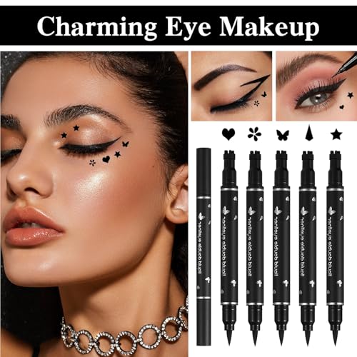 5Pcs Liquid Winged Eyeliner Stamp Pen Set, Dual-Ended Liquid Eyeliner for Perfect Wing Cat Eyes, Waterproof Smudge-Proof Stamp for All Eye Shapes (Star,Heart,Flower,Butterfly,Triangle)