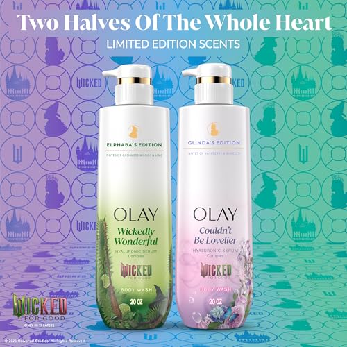 Olay Body Wash for Women, Wickedly Wonderful Elphaba¡¯s Edition, Intensely Hydrating & Renewing, Pro-Hyaluronic Acid Serum with Vitamin B3, For All Skin Types, Cashmere Woods & Lime Scent, 20 fl oz