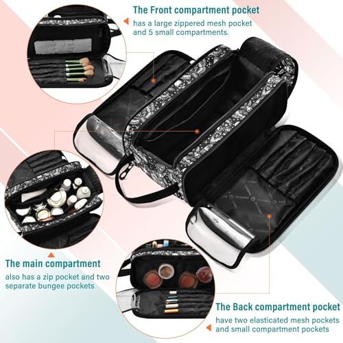 MNSRUU Large Capacity Makeup Bag, Digital Skull Head Moth Cosmetic Bag Portable Toiletries Pouch with Compartments Makeup Organizer Case for Travel Women