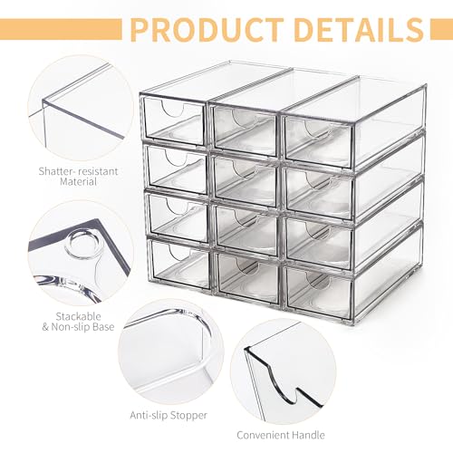Desk Organizer with Drawers, Stackable Plastic Storage Drawers for Makeup or Desk Organization, Cabinets for Office Dressing Countertop Bathroom Bedroom (12 Packs)