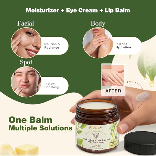 100% Grass Fed Beef Tallow & Tea Tree Oil Skin Care Balm ? Organic Jojoba Oil, Calendula Extract, Vitamin E | Balancing Anti-Acne Deep Moisturizer for Sensitive Skin Face & Body, 100g/3.5oz