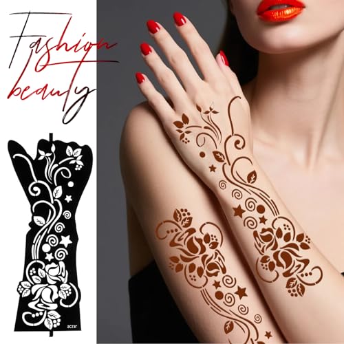 10 Sheets Henna Tattoo Stencil Kit - Temporary Tattoo Stencils for Hands and Forearm, Indian Inspired Designs - Self-Adhesive Tattoo Stickers