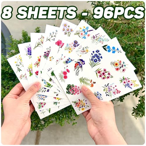96PCS Wildflower Temporary Tattoos Stickers - Bouquets Flower Themed Birthday Party Favors Floral Birthday Party Decorations Supplies Accessories Gift For Kids Teen Girl Women Classroom Prizes Rewards
