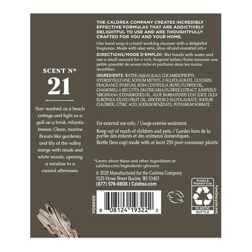 Caldrea Hand Soap Refill, Aloe Vera Gel, Olive Oil And Essential Oils To Cleanse And Condition, Rosewater Driftwood Scent, 32 Oz