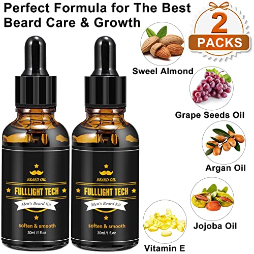 FULLLIGHT TECH 2 Pack Beard Oil for Men Growth 100% Natural Argan Oil,Jojoba Oil Leave in Conditioner Softener for Mustache Grooming Moisturizing