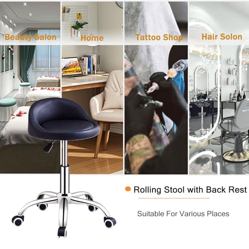 Yuelong Rolling Stool with BackRest and Wheels - Adjustable Height Swivel Stool Chair PU Leather Multi-Purpose Drafting Salon Tattoo Office SPA Shop