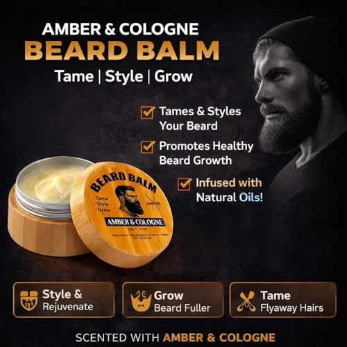 Beard Balm for Men, Cologne and Amber Scented natural ingredients beard butter with Castor oil, Shea Butter, Jojoba Oil, Argan Oil.