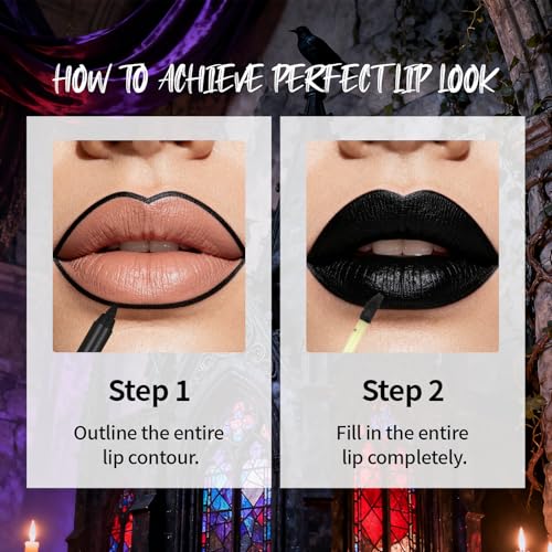 Halloween Makeup Kit for Goth Cosplay, Black Lip Liner Pencil, Matte Lipstick & Black Liquid Eyeliner Stamp, Long-Lasting Makeup Kit for Halloween Cosplay Goth SFX Looks