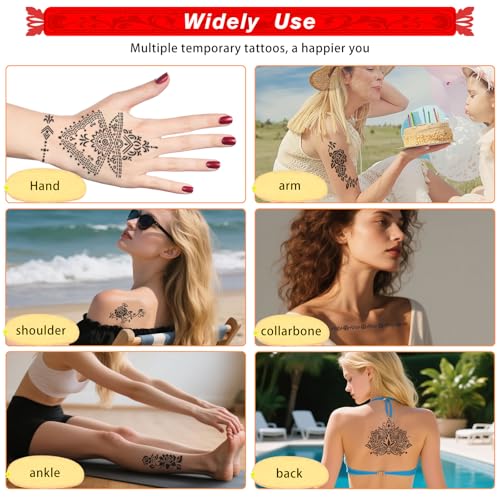 12 Sheets Temporary Tattoo Stencils Kit-Large 78 Pcs Tattoo Patterns-6 Pcs (Brown/Black/Maroon) Ink with Paint Brush for DIY Body Art-Tattoos for Women Men Kids
