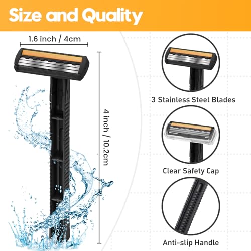 3-Blade Disposable Razors for Men & Women ? 100 Pack Bulk Stainless Steel Shavers with Lubricating Strip & Safety Cap, Non-Slip Handle for Sensitive Skin, Travel, Hotel, Charity (Black)