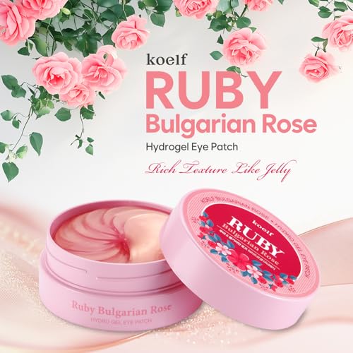 Koelf Ruby & Bulgarian Rose Hydrogel Eye Patch 60ea (30pairs) - Soothing, Hydrating Eye Mask with Rose Water, Green Tea and Yuja for Brighter Under Eye, for Puffy Eyes, Eye Bags