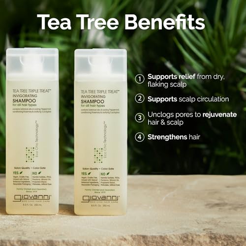 GIOVANNI Tea Tree Triple Treat Invigorating Shampoo - Cooling Peppermint, Eucalyptus & Rosemary, Strengthen & Rejuvenate Hair & Scalp, Salon Quality, Paraben Free, Tea Tree Shampoo - 8.5 oz (3 Pack)