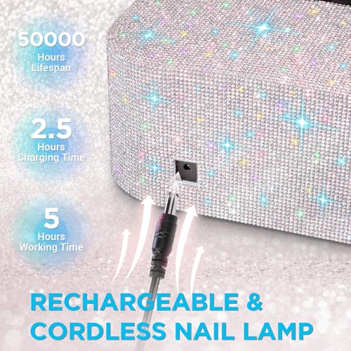 Aedavey Cordless UV Nail Lamp, Rechargeable UV Light for Gel Nails, LED Nail Lamp with 4 Timer Modes, Gel Nail UV Light Decorate with Sparkling Nail Rhinestones (Sparkly White)