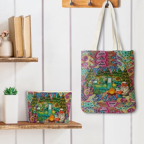 Hippie Gifts£¬2PCS Makeup Cosmetic Bag Canvas Tote Bag Beach Bag for Shopping Office, Hippies Van Hippie Decor Stuff Retro Camper Car Camping Gifts for Women Friend Girl Birthday Friendship Christmas