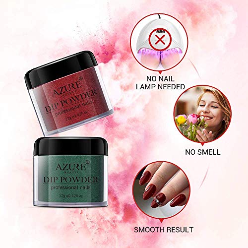 AZUREBEAUTY 10 Colors Dip Powder Starter Kit Red Green Dipping Powder System Essential Kit with 5pcs Dip Powder Gel Liquid Set, including Bond,Activator,Base,Top,Brush Saver 0.5oz