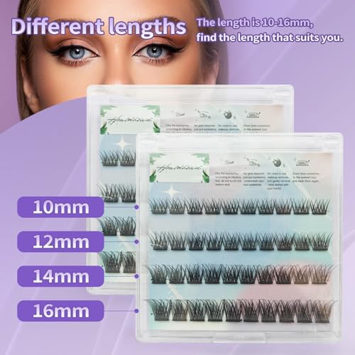 Press On Lashes Self Adhesive Lash Extensions Glue Free False Eyelashes 10-16mm Natural Look Individual Clusters, No Glue Needed Reusable Lashes for Daily & Party(S model)