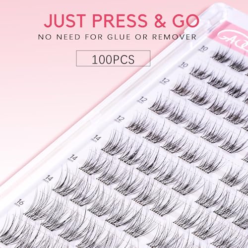 GAQQI Self Adhesive Eyelash Clusters, Natural Look No Glue Lashes 10-16mm, No Band Self Adhesive Lash Clusters 100pcs, Press On Lashes Invisible Band, With Lash Tweezer (LACE)