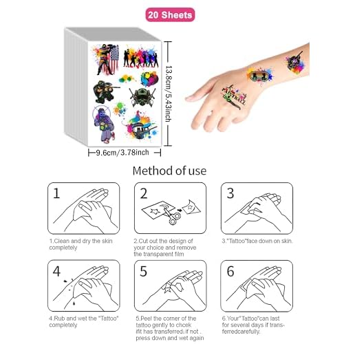 204Pcs Paintball Temporary Tattoos - Fun Kids Paintballs Tattoos Temporary Stickers Favors for Paintball Birthday Decorations, Paintball Party Supplies Class School Carnival