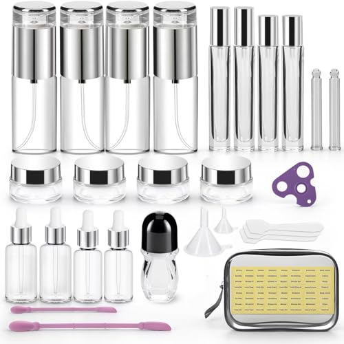 34 Piece Glass Travel Bottles for Toiletries TSA Approved Mini Makeup Containers with Toiletry Bag Refillable BPA Free Skincare Container Leak Proof for Serums, Moisturizers, Toners, Cream