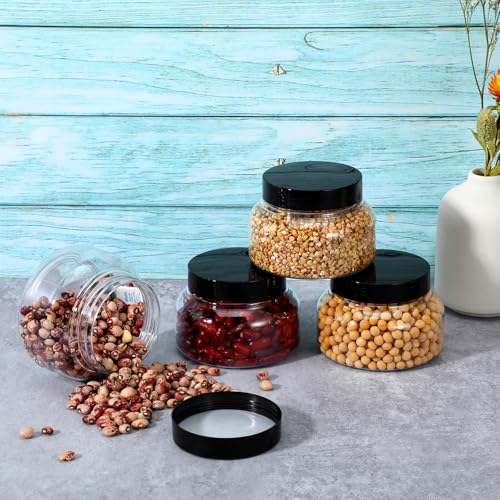 16 Pack 8 Oz Plastic Jars with Lids, Clear Body Scrub Containers Empty Refillable Containers Round Low Profile Samples Jars for Makeup, Body Butter, Creams, Slime, Travel Storage