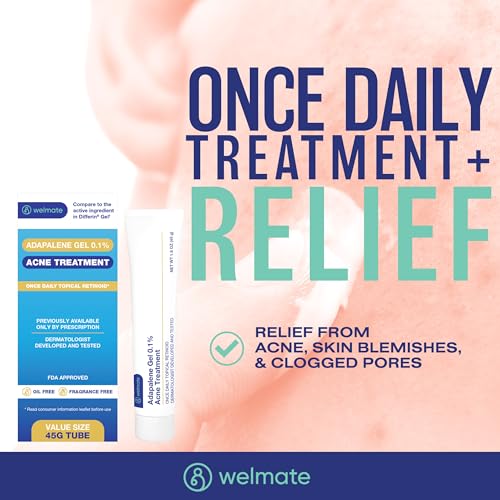 WELMATE - Adapalene Gel 0.1% - Acne Treatment - Skin Care - Daily Topical - Acne Skincare - Pimple Cream - Acne Cream - Oil & Fragrance Free - 1.6oz / 45g