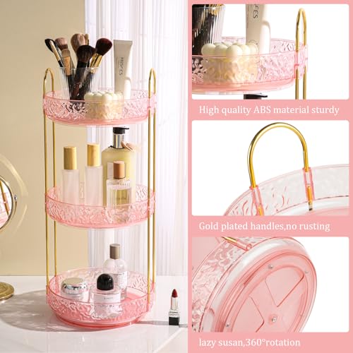 Fangoo 3 Tiers Pink Rotating Makeup Organizer for Vanity, 360 Spinning Skincare Organizers for Dresser Perfume Organizer Large Skincare Make Up Storage Cosmetic Organizer for Bathroom Countertop