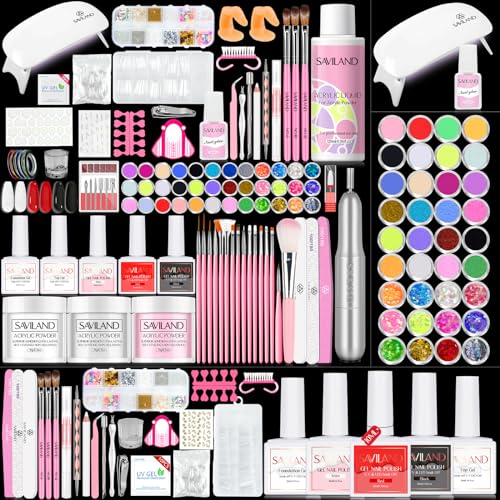 SAVILAND Acrylic Nail Kit with U V Light ? Acrylic Nails Set Christmas Gift Set for Beginners with Nails Brush Practice Finger Portable Nail Drill for for Home DIY