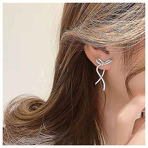 Vintage Crystal Bow Earrings Rhinestone Bow Drop Earrings Long Cz Rhinestone Earrings Gold Bow Cz Stud Earrings Jewelry for Women