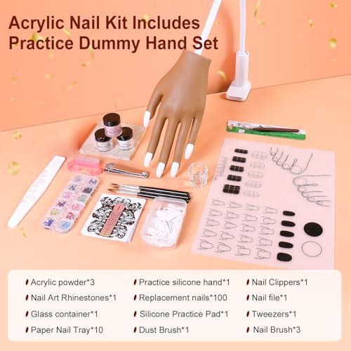 Practice Hand for Acrylic Nails, Acrylic Nail Training Mat , Manicure Trainng Hand Nail Kit for Beginners,Movable Nail Maniquin Hand with 50PCS Nail Tips,Acrylic powder, Brush and Clipper(Brown)