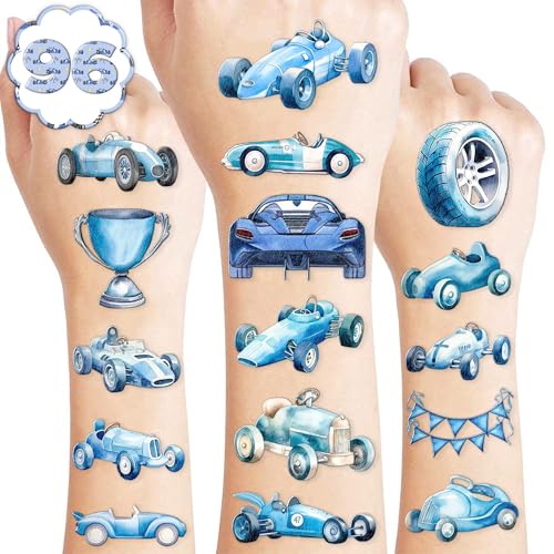 105 PCS Blue Race Car Temporary Tattoos Birthday Party Decorations Favors Supplies Watercolor Racing Car Themed Blue Checkered Flags Wheel Stickers Gifts For Girls Boys Classroom School Prizes Reward