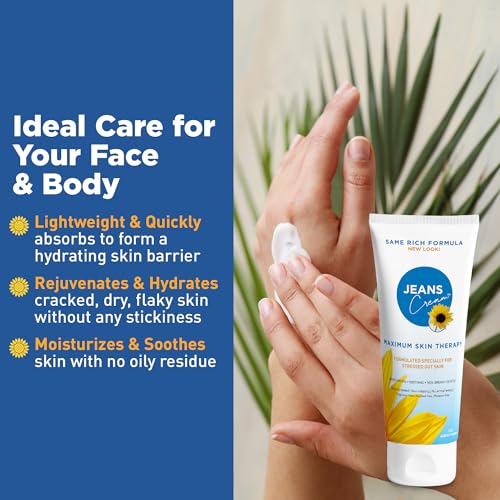 Jeans Cream, Maximum Skin Therapy Radiation Burn Cream, Moisturizing Vitamin E and Aloe Vera Cream for Compromised Skin, Minor Cuts, Sunburn and More, Non-Greasy Formula, 7 oz