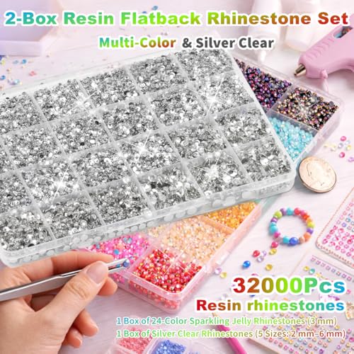 Rhinestones for Bedazzling Kit,Bedazzler Kit with Rhinestones,32000PCS Multicolor Resin Flatback Gems Diamond Art Set with 3PCS 10ml B7000 Glue for DIY Craft,Shoes,Nails (3mm+Silver Mix)