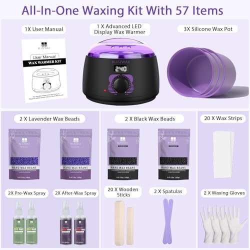 BLITZWAX Brazilian and Bikini Waxing Kit With 2Pcs Silicone Wax Pot Liners, Hard Wax Warmer for Face, Legs and Body, At Home Hair Removal Kit, Beginner Friendly, Digital Fast Heating