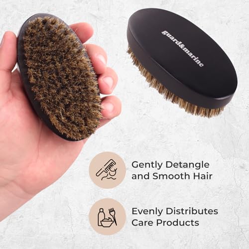GUARD&MARINE 100% Boar Bristle Beard Brush for Men ? Medium Firm Military Style Brush for Short Beard, Mustache & Waves ? Natural Wooden Handle Grooming Brush