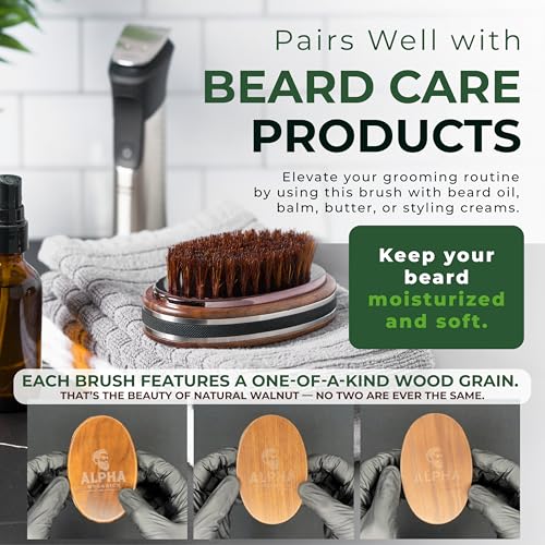 Premium Handmade 4.5" Boar Bristle Beard Brush for Men ? Natural Walnut Wood & Non-Slip Rubber Grip ? Men¡¯s Grooming Brush for Short, Medium & Long Beards ? Mustache & Beard Care Tool ? Alpha Organics