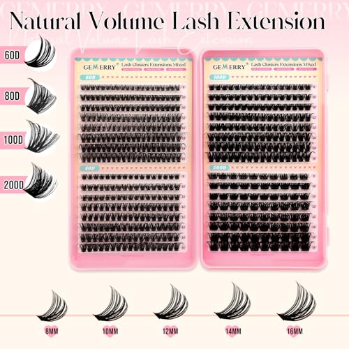 GEMERRY Lash Clusters 60D 80D 100D 200D Eyelashes Clusters Extensions 8-16mm Individual Lashes D Curl Fluffy Wispy False Eyelashes Cluster Lashe DIY Cluster for Beginners