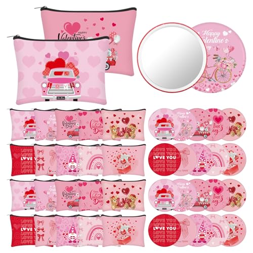40 Pcs Valentines Day Cosmetic Makeup Bags Gift Bulk Valentine's Day Makeup Bags Bulk with Compact Mirrors Pink Red Travel Pouches with Zipper Toiletry Organizer for Women Party Favors Galentines Gift