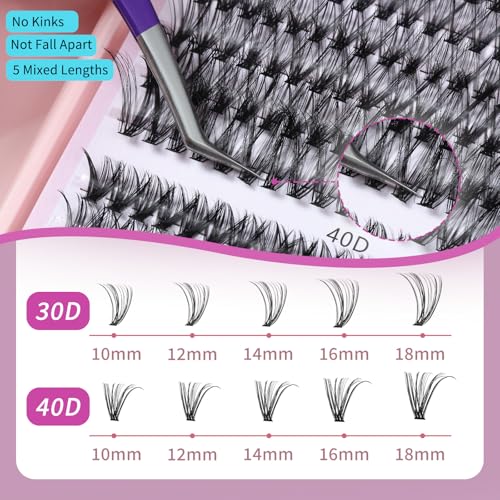 Lash Clusters Wispy 10-18mm 320pcs Volume Lash Extensions D Curvature Individual Lashes DIY Eyelash clusters Lashes fluffy false eyelashes(30+40D,0.07,10-18mm)