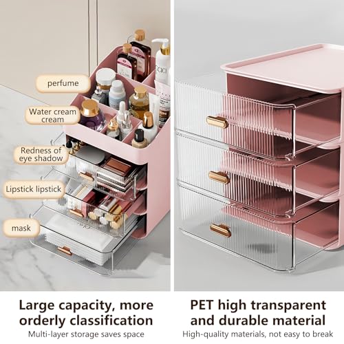 DASITON 6 Slots Makeup Brush Holder,Makeup Organizer,Makeup Brush Holder with 2 Drawers,Divided Makeup and Makeup Storage Holder,for Cosmetics(Pink-F1)